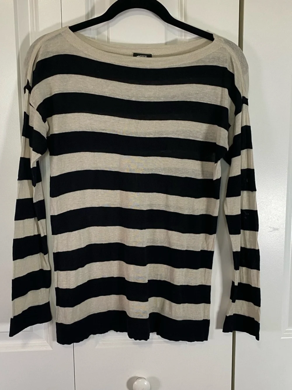 J. Crew Black and Cream Striped Scoop-Neck Sweater